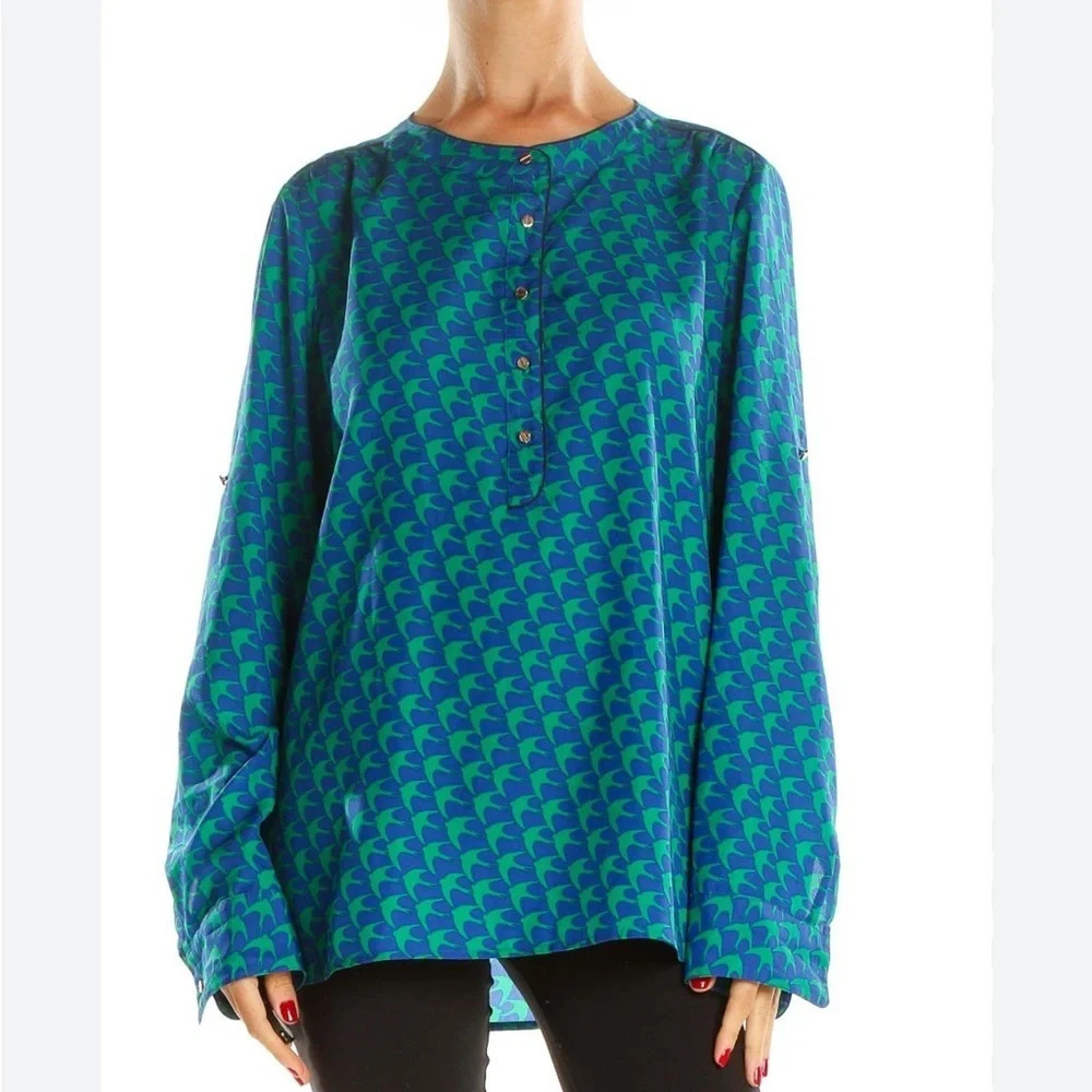 Banana Republic blouse blue green printed All Day top retro XS